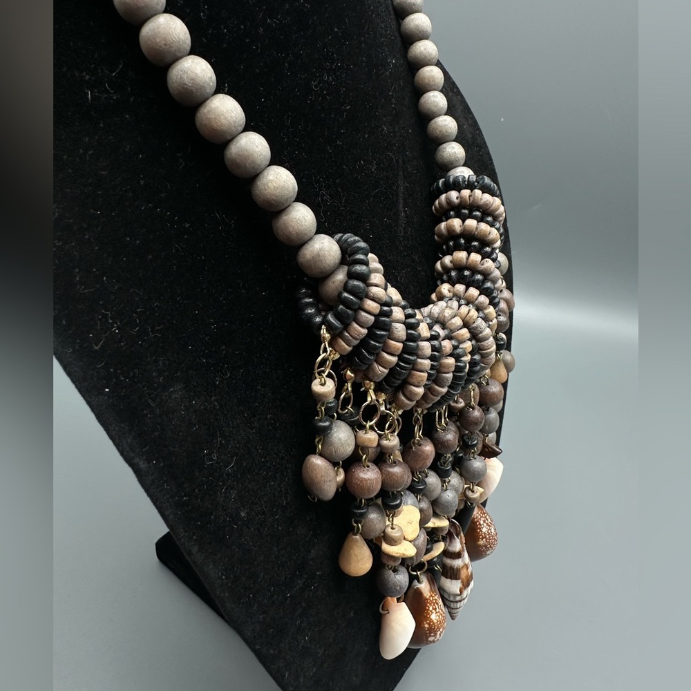 VTG Wood & Shell Beaded Boho Bib Statement Necklace ~21.5” Festival Beachy - Picture 4 of 9